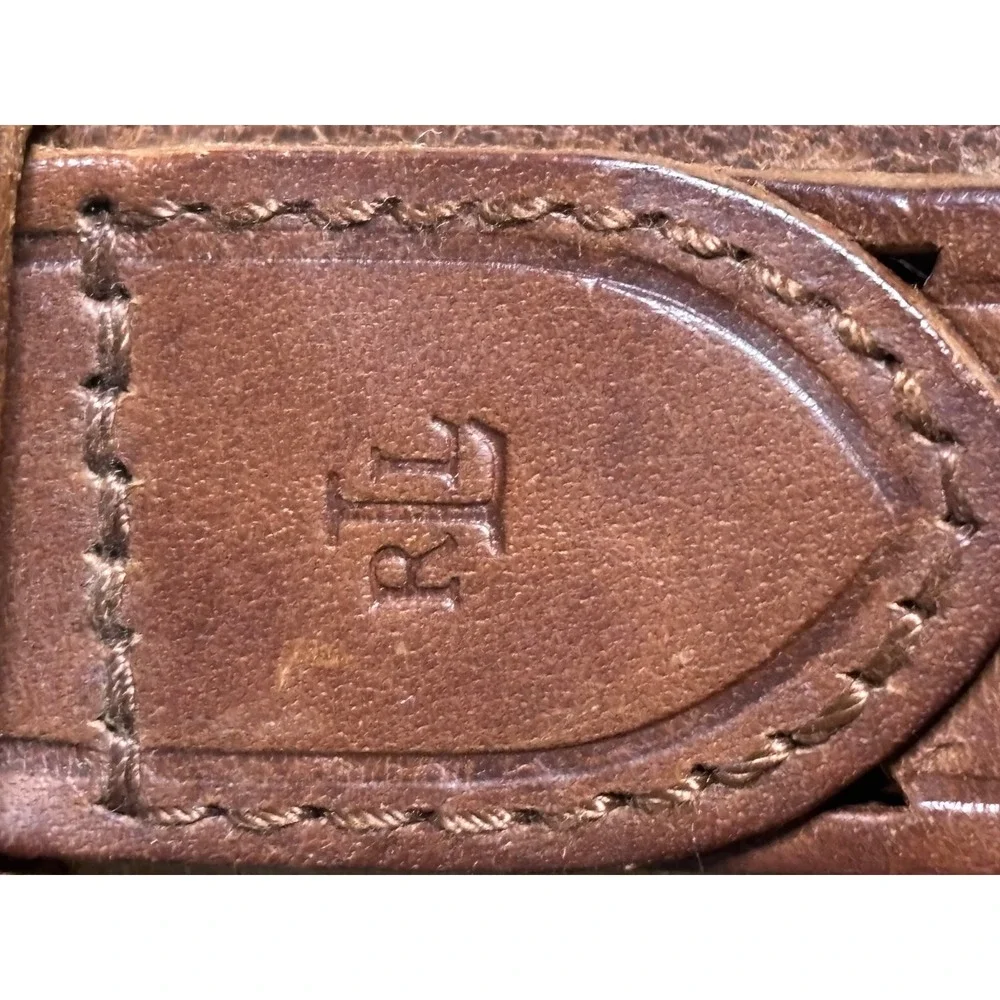 Lauren‎  Lauren Brown Leather Cutout Geometric Belt Brass Buckle Size L Womens